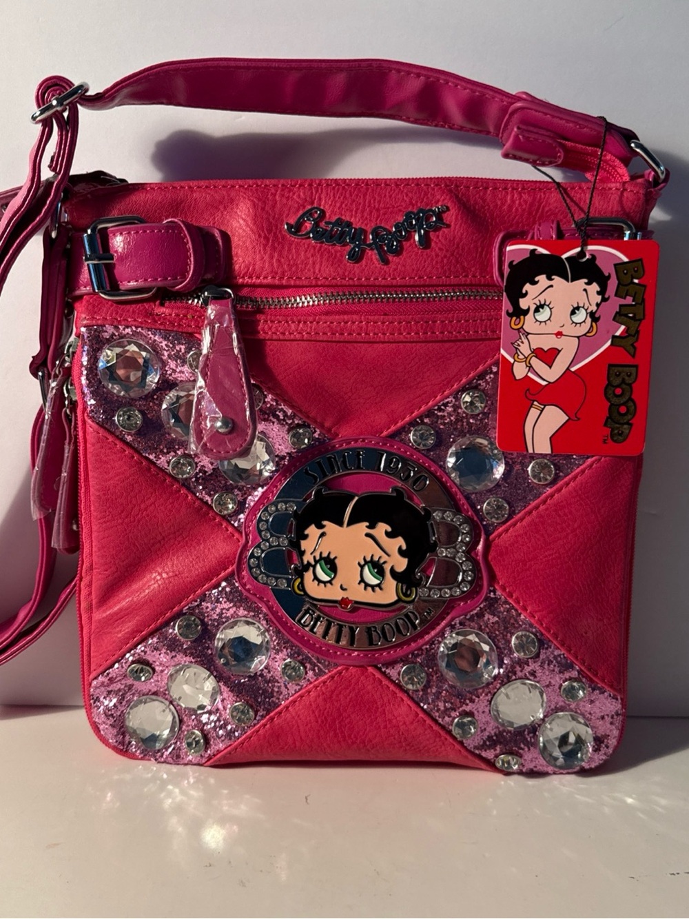 NWT Betty Boop Bright Pink Crossbody Bag purse with Gem Accents